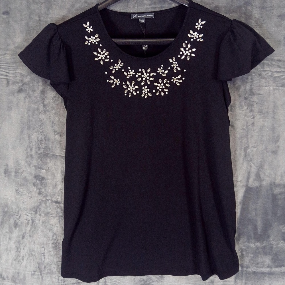 Adrianna Papell Shirt Womens Large Black Embellished Neckline Knit Flutter‎